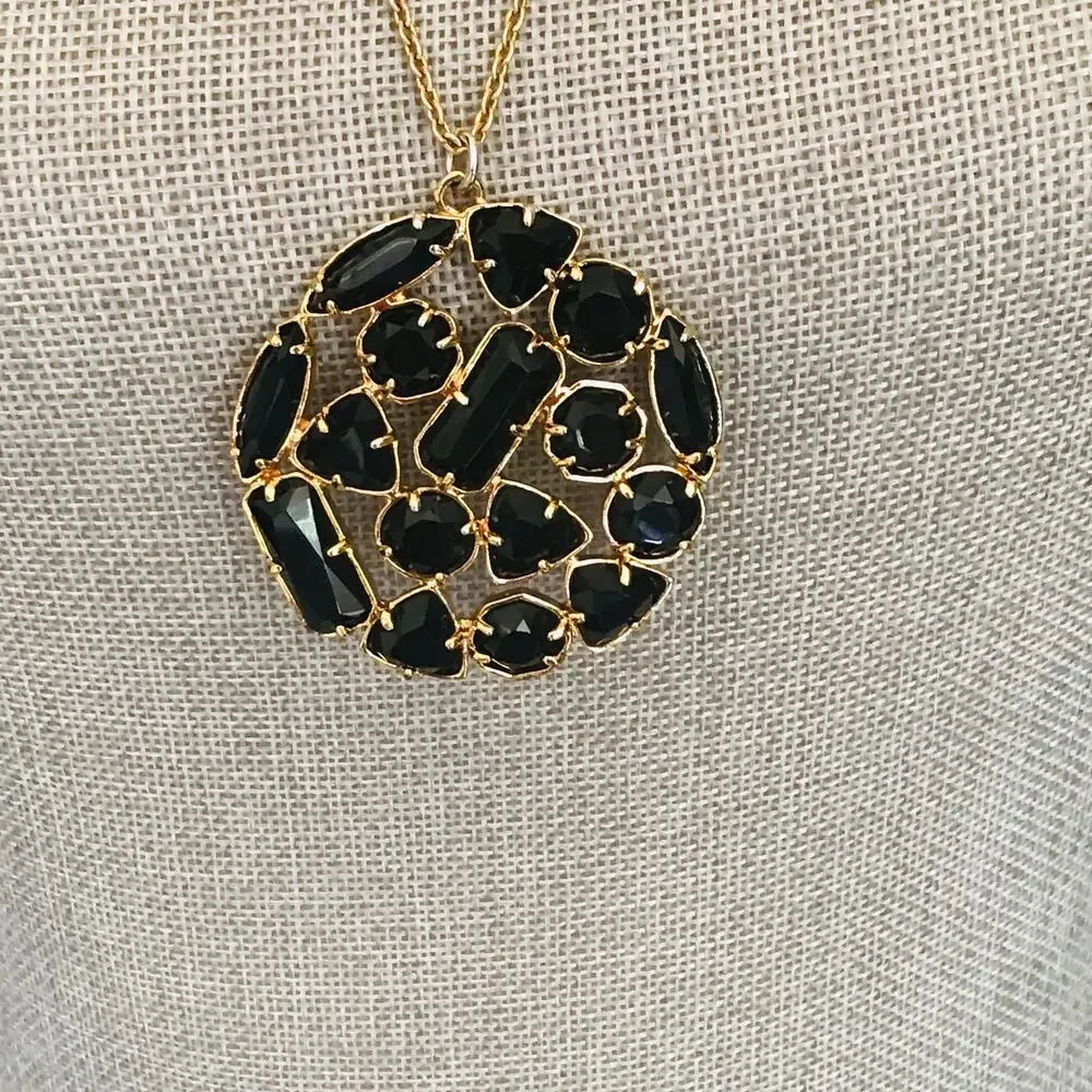 Kate Spade Long Pendant Necklace - Signed - Black Sparkling Cluster - Gold Tone